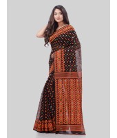 DESH BIDESH Women`s Hirokduti Resham Dhakai jamdani Bengal Pure Cotton Handloom Saree without Blouse Piece(Black Orange)